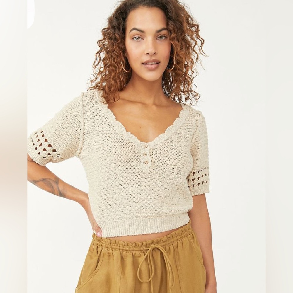 Free People Short Sleeve Crochet Knit Cropped Sweater XS